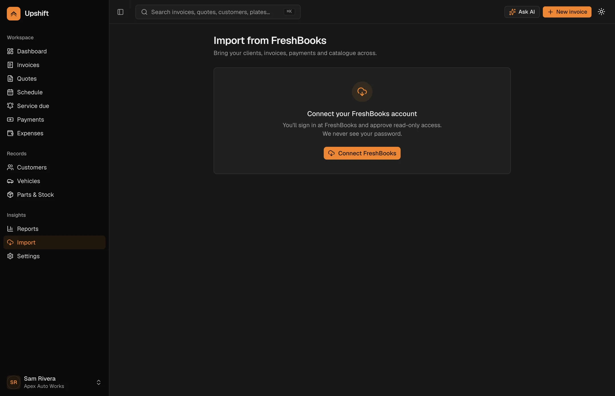 The Upshift import screen, bringing customers, invoices, payments and quotes across from FreshBooks.